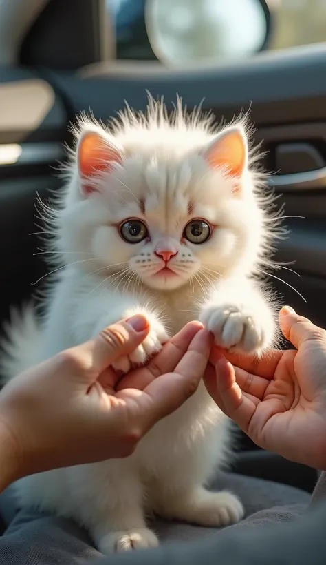 Make a white Persian kitten with bushy hair playing with its owner's hands in the car