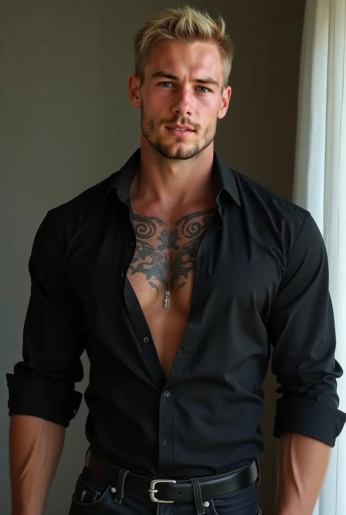 a man,blonde short hair and blue eyes,  a scar  cut on the mouth, body was muscular ,he  wore a black dress blouse that allowed a bit of his muscular chest to show, squeezing his tattoed neck toned abdomen and black jeans*
