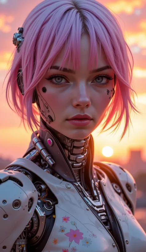 Centered, masterpiece, best quality, high quality, highres, perfect, 
Close-up,  portrait, from side, short candy hair, cyborg girl,
sunset, vibrant, 