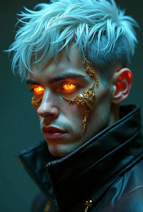 A cyberpunk man with pale blue hair, golden metallic accents and pale eyes. Slightly stubble on his face and a long scar across from his nose to his chin