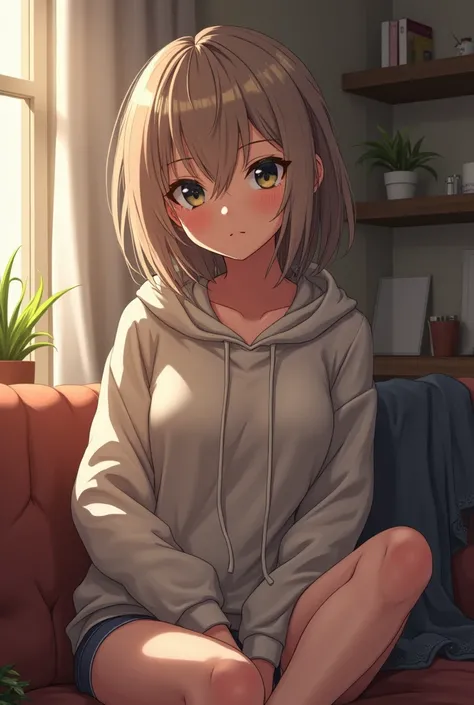  A 22-year-old girl with slightly wavy light hair, She's wearing a hoodie, tight.  sitting. apartment. 