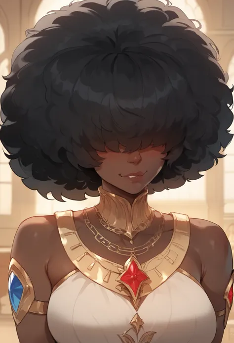 best quality, masterpiece, 1female, upper body, dark skin, black afro hair, hair over eyes, taller frame, wide hips, shy smirk, blushing, posing, by Floox, 