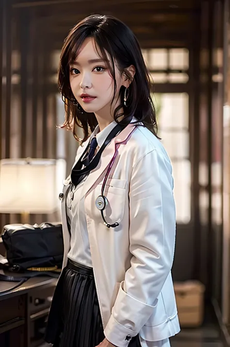 (((cowboy shot))), from the front, looking at the viewer, nsfw, 
1 girl, sexy and beautiful doctor, slender, white skin, 
(((Doctor Style))), (((doctors white sexy coat, Collared shirt, Black tight skirt, stethoscope))), 
inside hospital, Perfect Lighting,...