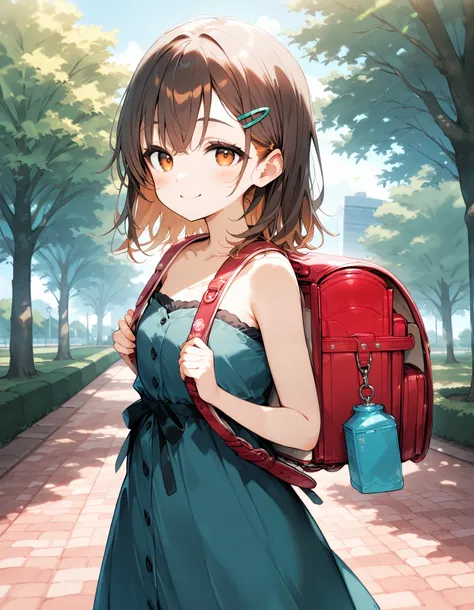 Masterpiece, hd, 1girl, best quality, brown hair, medium hair, hair clip, smile, wearing strapless dress, wearing randoseru backpack, (randoseru backpack:1.2), outdoor, park