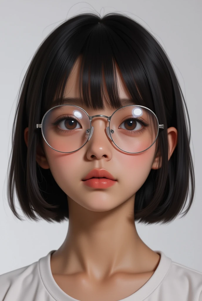 (( 1 girl)),  animation,  short dark hair,   Dark Skin  , , shiny glasses, lenses , , closed one's mouth and expressionless,  Sitting ,  Face .