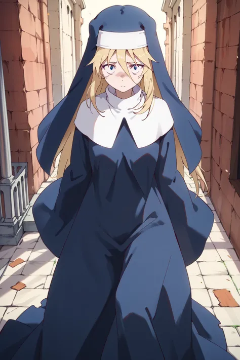 score_9, score_8_up, score_7_up, score_6_up, score_5_up, score_4_up, BREAK source_anime,
gill, 1girl, solo, blonde hair, long hair, long sleeves, blue eyes, long skirt, hair between eyes, habit,nun, sad look, standing, wind