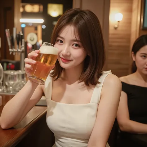 “A cheerful and lively young office worker in her early 20s, enjoying a beer after work. She has shoulder-length brown or black hair, warm brown eyes, and wears office casual attire (a white blouse with a tight skirt or a simple dress). She is sitting in a...