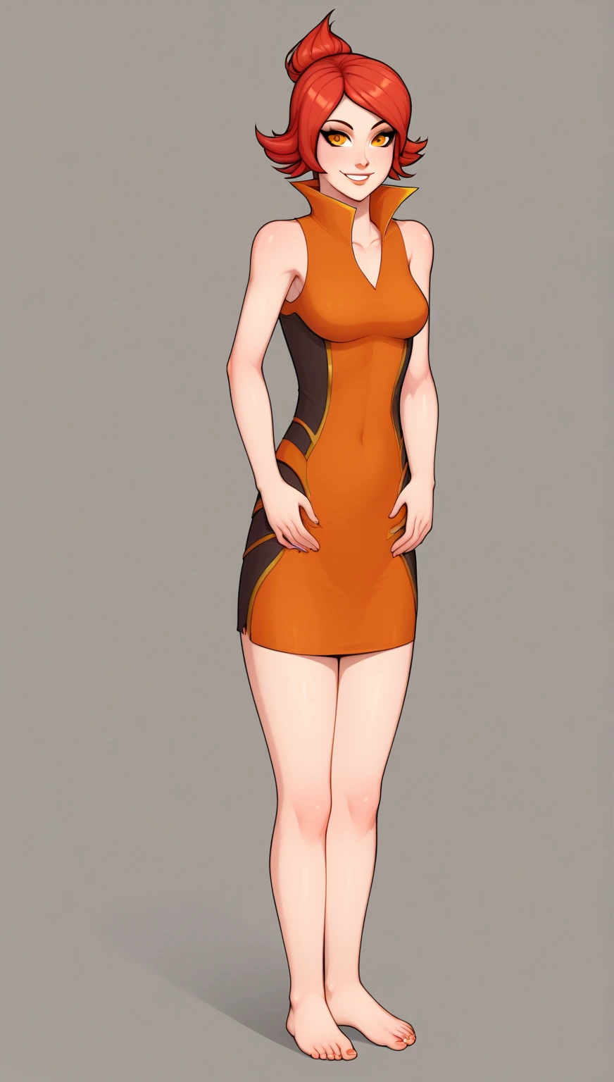 Lina Dota 2,  red hair ,  orange eyes ,  short dress,  bare feet,  smile