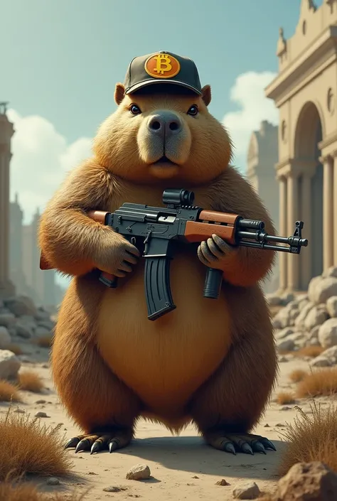 A capybara holding an ak 47 with a cap with the Bitcoin symbol in a post-apocalyptic scenario 