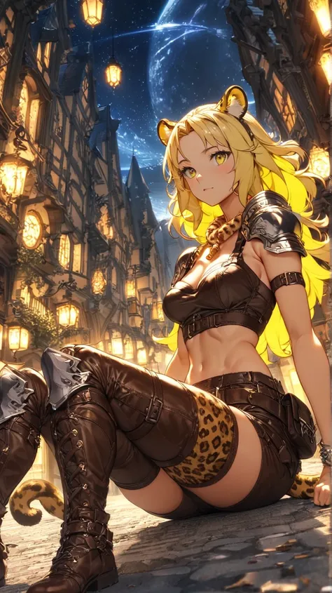  unclear(  Top Quality、  Masterpiece、  high resolution)、((1 person)),( cute woman sitting),(Panther personification ,Leopard ears,Leopard tail), dynamite body , perfect body, Sports Bra,low-rise spats,( Short Golden Bob Hair ,Lemon yellow inner color), ana...