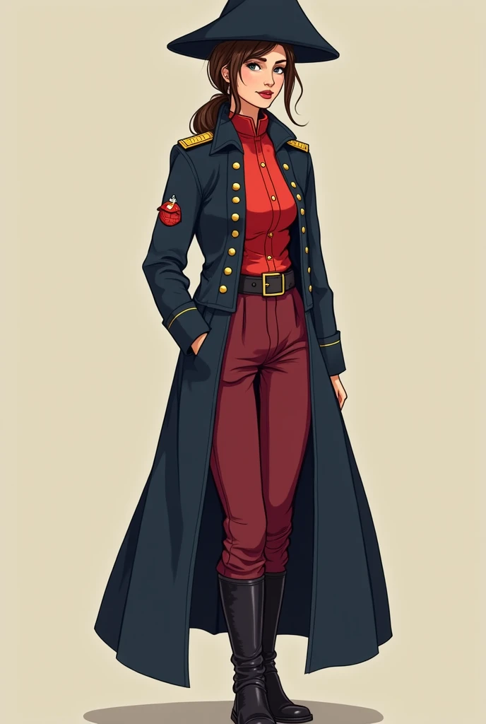  A woman wearing a military uniform .  with a long jacket , dark navy blue , with a high collar,  buttoned and with a bright red coating visible on the torso.  The pants are of a deep red color .  Wears dark boots that seem sturdy .  a wide-brimmed hat ,  ...