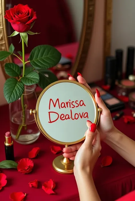 A glamorous and luxurious vanity scene with a woman's hand holding a golden circular mirror. There is a tall, vibrant red rose with lush green leaves and a golden lipstick nearby. The woman's nails are adorned with bright red polish and match her red cloth...