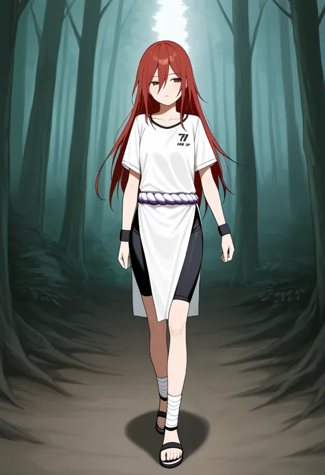  pelvic curtain, wristband, Alone ,  long hair,  red hair,  brown eyes, 1 girl, has,  short sleeves,  looking at the spectator, Shimenawa,  collarbone,   hair between the eyes ,  closed mouth , shirt,  full body,  expressionless,  cycling shorts,  unfemini...