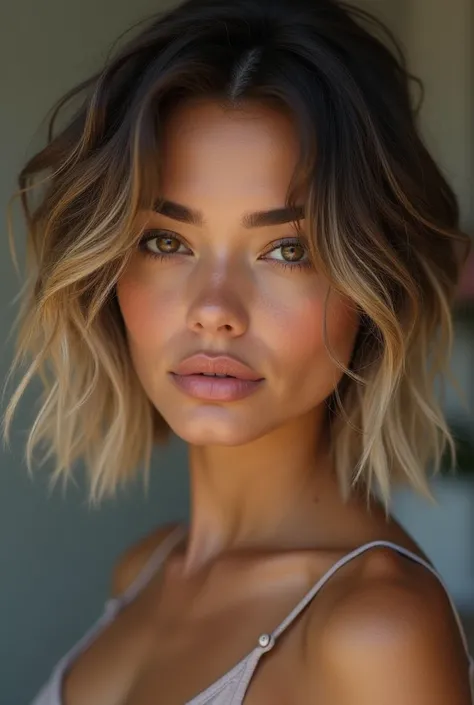  She is a woman with light brown skin ,  with expressive brown eyes and well-designed eyebrows , She has medium lips .  Her hair is short at shoulder height ,  alternating between light and dark locks . Not realistic and not so thin