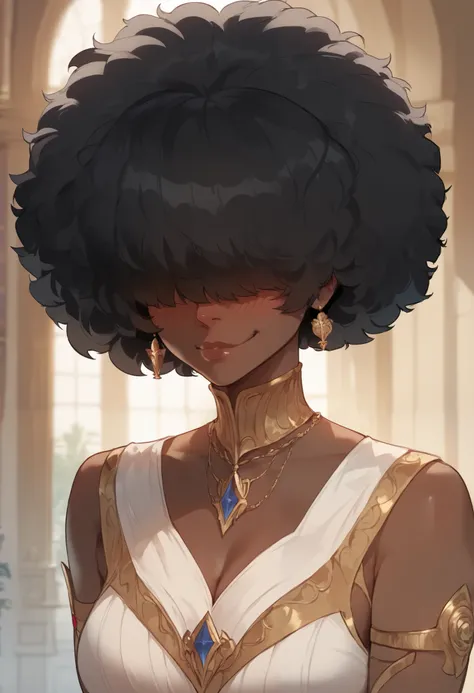 best quality, masterpiece, 1female, upper body, dark skin, black afro hair, hair over eyes, taller frame, wide hips, shy smirk, blushing, posing, by Floox, 