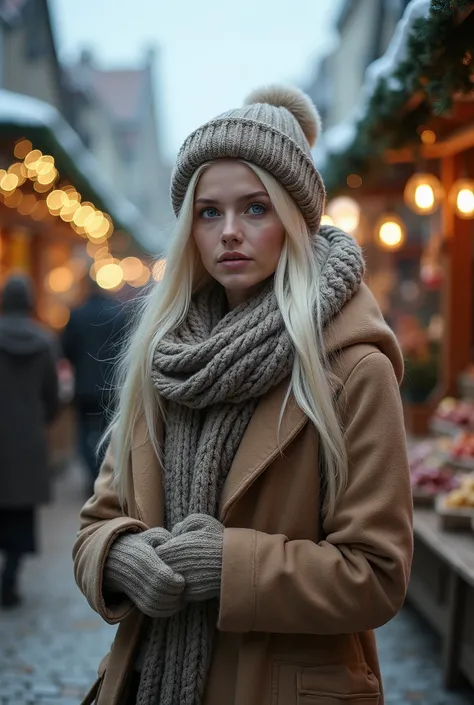  Beautiful young woman with platinum blonde long hair dressed in winter, Bregenz Christmas market , No snow, overcast sky in late autumn 