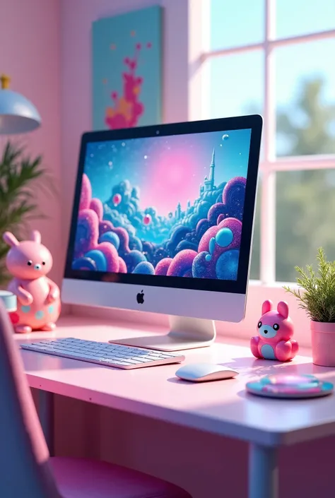 Office desk, computer screen, arttoy, cute keyboard, kawaii desk, aesthetic 