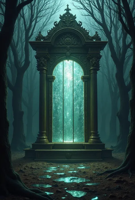 Beautiful wooden altar , Sculpted in Glass ,  Large broken glass on the floor in a dark forest with dry trees