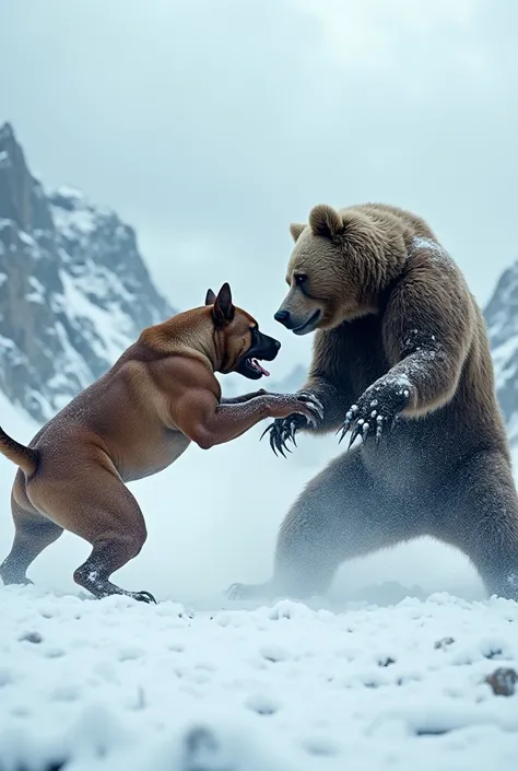 Me crie uma foto realista 9:16 de um pitybull lutando contra um urso na neve