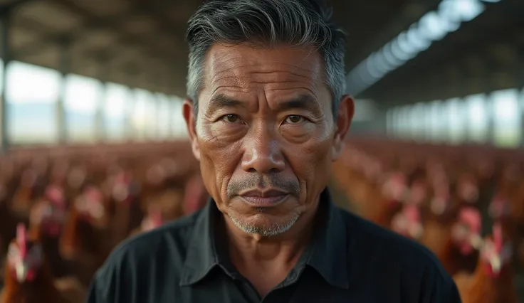 Hajj sujewo , 45 year old man looks evil expression ,  suits successful chicken farm across Indonesia ,  keeps tens of thousands of chickens on a large plot of land. 4K, 8k, HD, realistic,  professional photograph ,  Indonesian face  