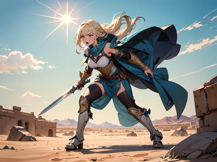 (((masterpiece, best quality, high detailed, 16k))) (1girl) A tall, sun-kissed female warrior with short, sandy blonde hair, tied back in a tight braid. Her amber eyes gleam with fierce determination, and her skin is tanned from countless battles under the...