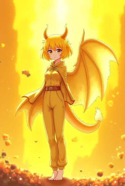 alone,  Anime Girl,  dragon girl ,  dragon wings on yellow and gold back, medium yellow hair ,  golden eyes,  fair skin ,  yellow and gold cape ,  yellow and gold clothes , yellow pants.
