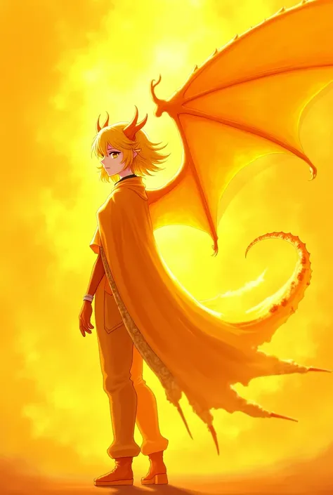 alone,  Anime Girl,  dragon girl ,  dragon wings on yellow and gold back, medium yellow hair ,  golden eyes,  fair skin ,  yellow and gold cape ,  yellow and gold clothes , yellow pants.
