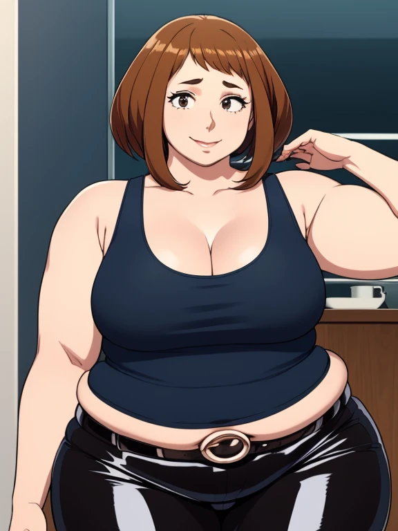 (masterpiece:1.2, best quality:1.2), perfect lighting, detailed face, mature face, ((1girl)), ((solo)), Imagine Ochaco Uraraka as an adult, 45 years old, motherly, mom, MILF, slight wrinkles around the face, chubby round face, plus sized milf, short brown ...