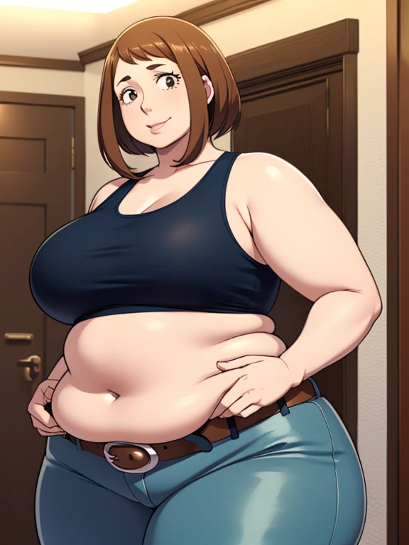 (masterpiece:1.2, best quality:1.2), perfect lighting, detailed face, mature face, ((1girl)), ((solo)), Imagine Ochaco Uraraka as an adult, 45 years old, motherly, mom, MILF, slight wrinkles around the face, chubby round face, plus sized milf, short brown ...