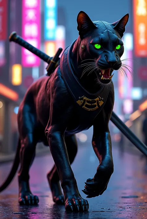 - ** Overall appearance :**  A feline panther , extremely high (2,14 meters ),  with a slender and muscular figure , adapted with lower limbs that allow you to ride as a quadruped.  His skin is covered with a shiny black coat ,  with metallic reflections t...