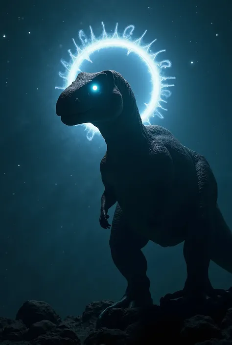 A dinosaur at night with glowing eyes and an angel ring