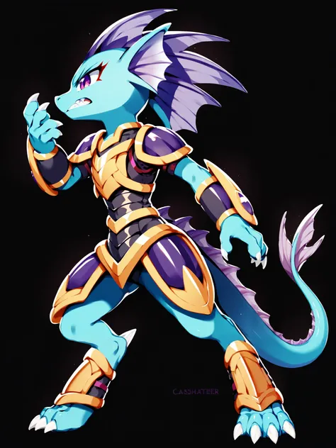 Anime, ((anime style)), ((cel shaded)), ((Flat colors)), solo drawing, solo, Three-Quarter view, standing, ((Solid Black Background)), ((vivid purple eyes)), ((draconic ear frills)), ((head fin)), ((tall figure)), ((digitigrade legs)), ((digitigrade feet))...