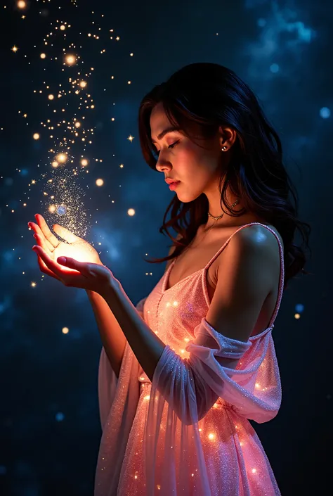 **Image of a beautiful and gorgeous young Latina model, who seems to be absorbed in the manipulation of star dust or cosmic energy emanating from her hands. She is wearing a loose, dress-like garment that shines with the same cosmic colors as her surroundi...