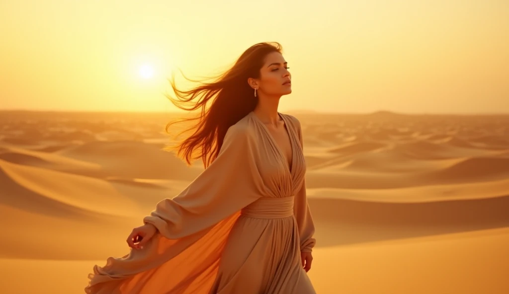 "A stunning 20-year-old Arabic woman dancing in event with long, flowing dark hair standing gracefully in the vast Saudi Arabian desert. She wears a stylish, elegant abaya with modern, fashionable details, subtly accentuating her figure. The golden sand du...