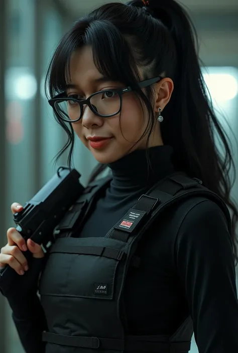 A beautiful, detailed woman with long, flowing black hair in a ponytail, wearing black-framed glasses, a black turtleneck sweater, and a bulletproof vest, holding a gun in full-body view, intricate details, photorealistic, highly detailed, cinematic lighti...