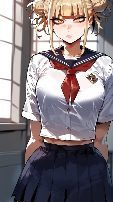 score_9,score_8_up,score_7_up,score_6_up, source_anime, girl, plane colours, dynamic pose, arms behind her back, blonde hair, blunt bangs, double bun, messy hair, yellow eyes, bedroom, tight cloths,school girl uniform, (perfect female body) thicc 3/4, norm...