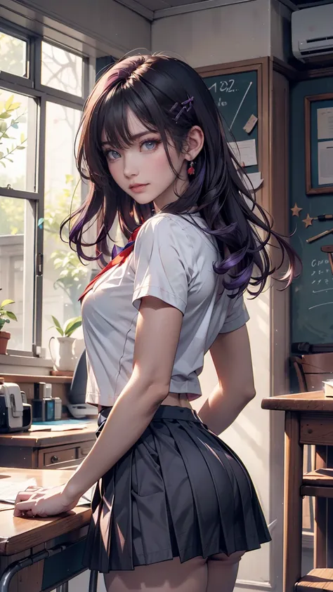 2D,  Masterpiece,  top quality, Anime,  very detailed,  1 girl, Alone, Yuri,  purple eyes ,  purple hair,  hair between eyes,  hair clip,  school uniform ,  Micro Mini Pleated Skirt、Upper Thigh Exposure 、Yandere face、Butt Split Exposure 