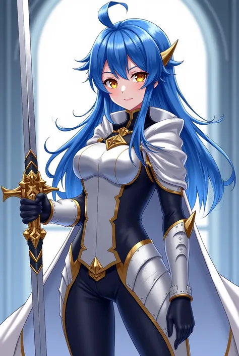 ( artwork ,  top quality,  borrowed letter ,  official art ,  beautiful and aesthetic  :1.2)  female, Elfa from anime, long blue spiked hair,  golden eyes,  white and gold armor, wearing white cape, black and gold , black t-shirt and pants ,  wielding a wh...