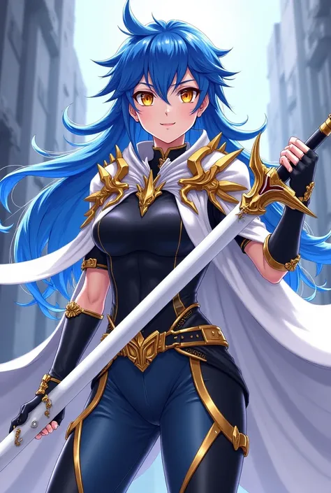 ( artwork ,  top quality,  borrowed letter ,  official art ,  beautiful and aesthetic  :1.2)  female, Elfa from anime, long blue spiked hair,  golden eyes,  white and gold armor, wearing white cape, black and gold , black t-shirt and pants ,  wielding a wh...