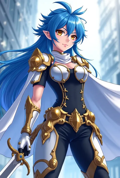 ( artwork ,  top quality,  borrowed letter ,  official art ,  beautiful and aesthetic  :1.2)  female, Elfa from anime, long blue spiked hair,  golden eyes,  white and gold armor, wearing white cape, black and gold , black t-shirt and pants ,  wielding a wh...