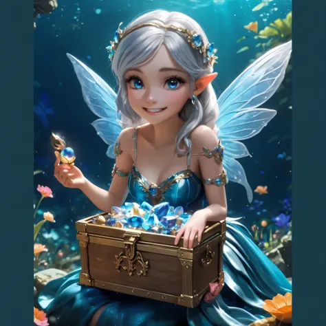 Wear a dark blue head accessory with clear blue eyes and 、Pretty blue fairy with beautiful feathers 、 holds a treasure chest with lots of blue jewels、 Long Sleeve、 cute