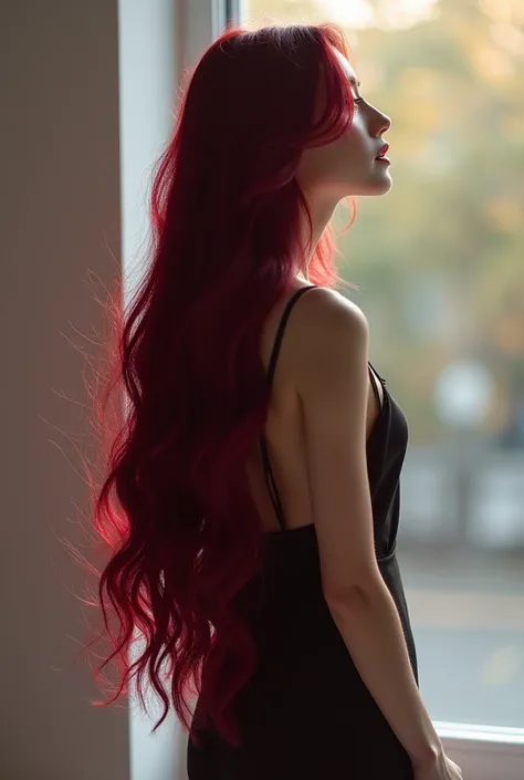 Burgundy haired girl, photographer with her back, only her hair can be seen long and straight 