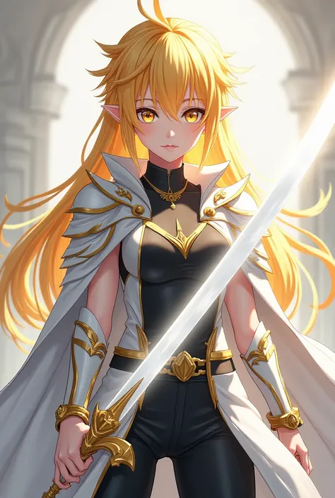 ( artwork ,  top quality,  borrowed letter ,  official art ,  beautiful and aesthetic  :1.2)  female, Elfa from anime, long yellow spiked hair,  golden eyes,  white and gold armor, wearing white cape, black and gold , black t-shirt and pants ,  wielding a ...