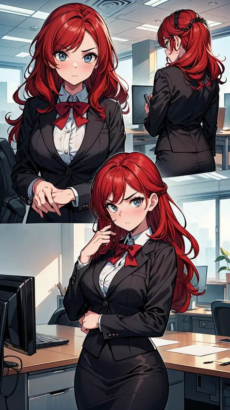 ((((masterpiece, best quality:1.8, high detail)))), (1girl), beautiful angry business woman, office lady, solo focus, long wavy hair, red hair, (black blazer), (black midi pencil skirt), wide hips, office interior