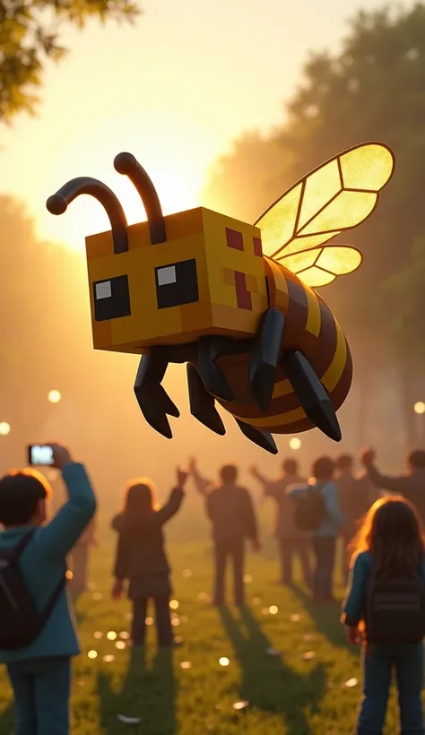 A massive Minecraft-style honey bee, ultra-realistic yet maintaining its signature blocky design, hovers mid-air. The bee has a chubby, square-shaped yellow and brown-striped body, large black pixelated eyes, and semi-transparent flapping wings. It moves g...