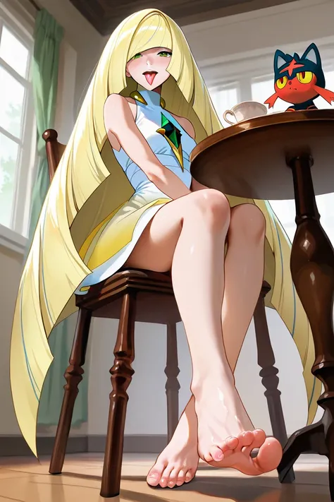 Character is the same as Lusamine from the anime Pokemon, She is sitting in a chair at a tea table in her house, When a fire-type Litten Pokemon, He licks the flats of his feet,  The perspective is from below , You look at Lusamine's big feet in a hyperrea...