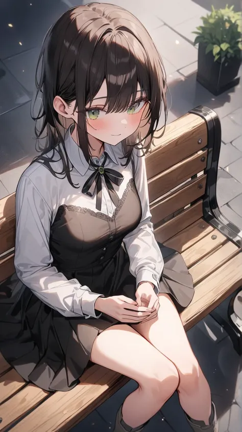 ((True best masterpiece, Ultimately perfect quality, Extremely delicate details)), A slender girl with small bust, With dark brown hair, Green eyes, Wearing a dress shirt, Wearing a gathered brown skirt, Gray boots, Sitting down on a bench, Full body, Watc...