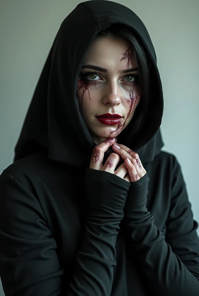 a badass look all black clothing with fake bruises make up on hands and face with a sad smile or not smiling but have dead eyes