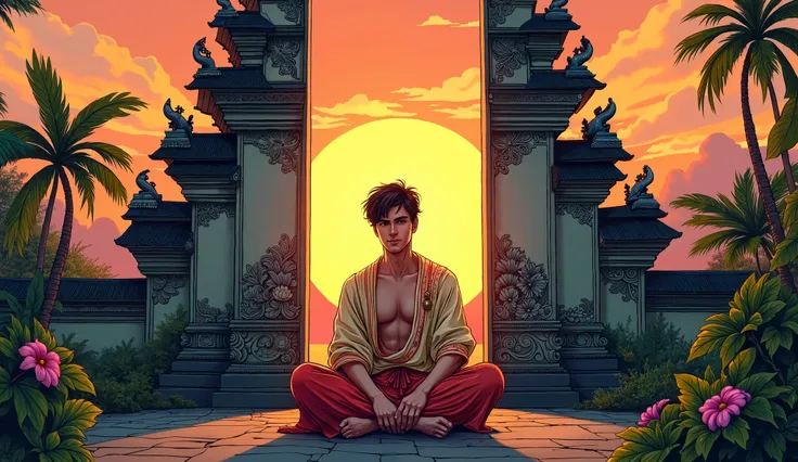 Manga Concept: "Bali Sunset Serenity" (Text-Free Visual Description)

In a beautifully illustrated manga-style scene, a handsome young man sits cross-legged, facing forward with a calm and introspective expression. He wears a flowing kemben adorned with in...