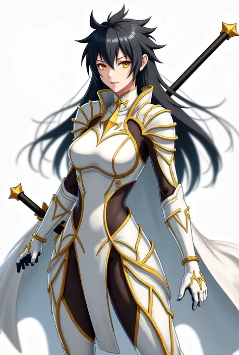 ( artwork ,  top quality,  borrowed letter ,  official art ,  beautiful and aesthetic  :1.2)  female, Elfa from anime, long black spiked hair,  golden eyes,  white and gold armor, wearing white cape, black and gold , black t-shirt and pants ,  wielding a w...